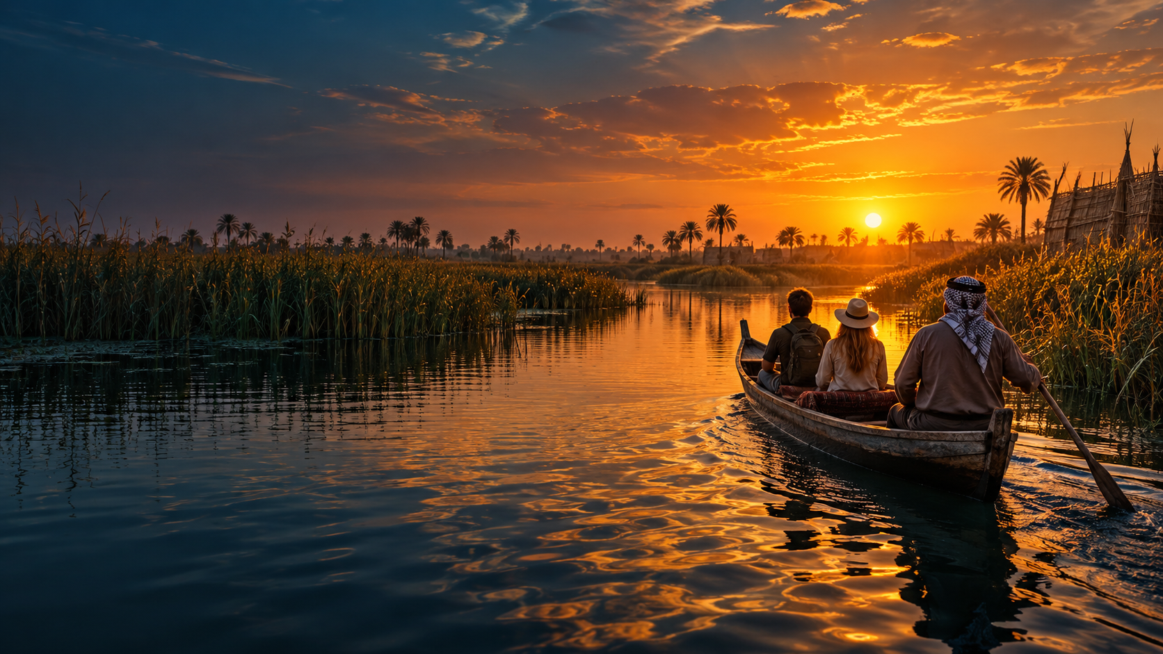 An artistic impression of a boat journey through Iraq’s marshes at golden sunset