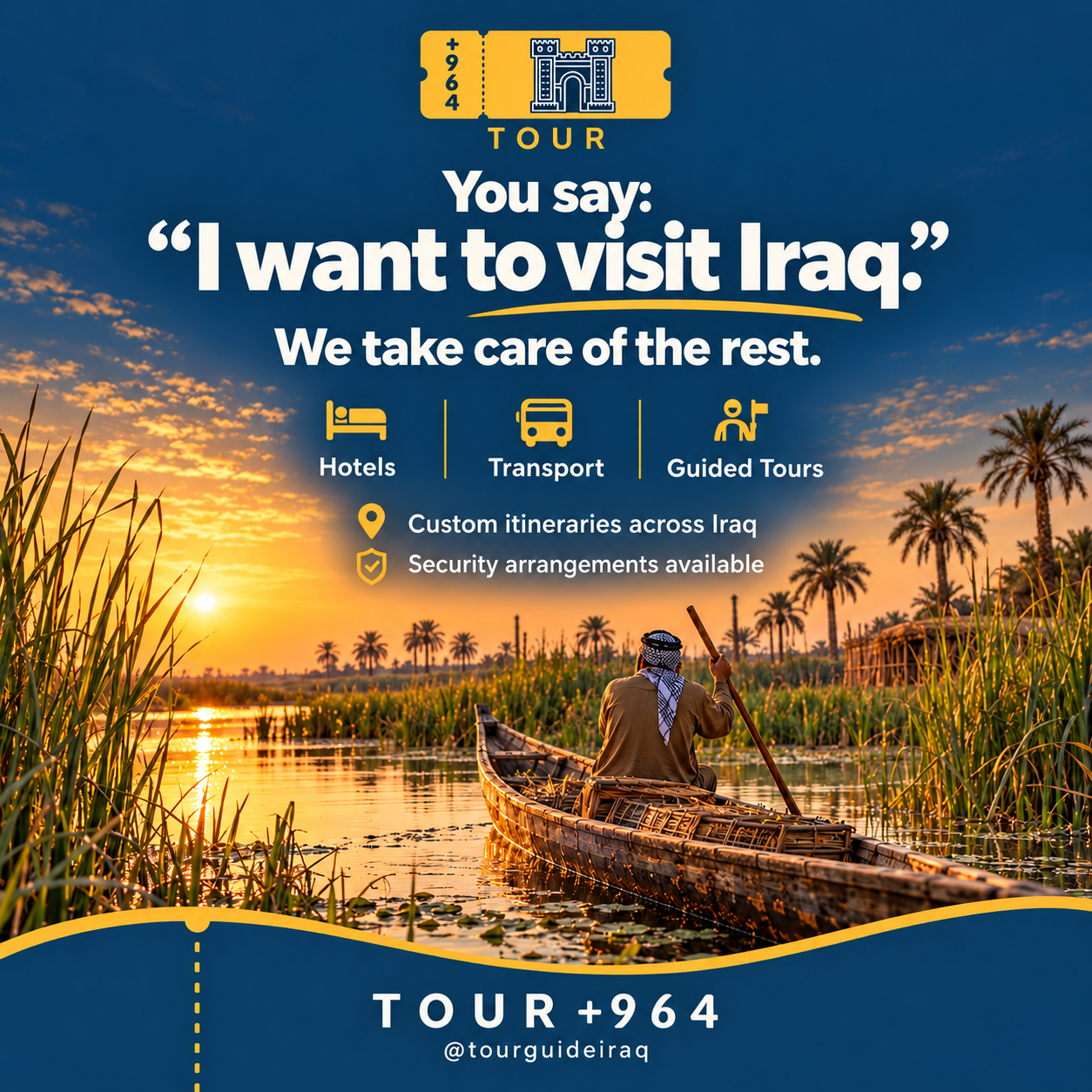 TOUR +964 campaign artwork: a boat among the marshes at sunset