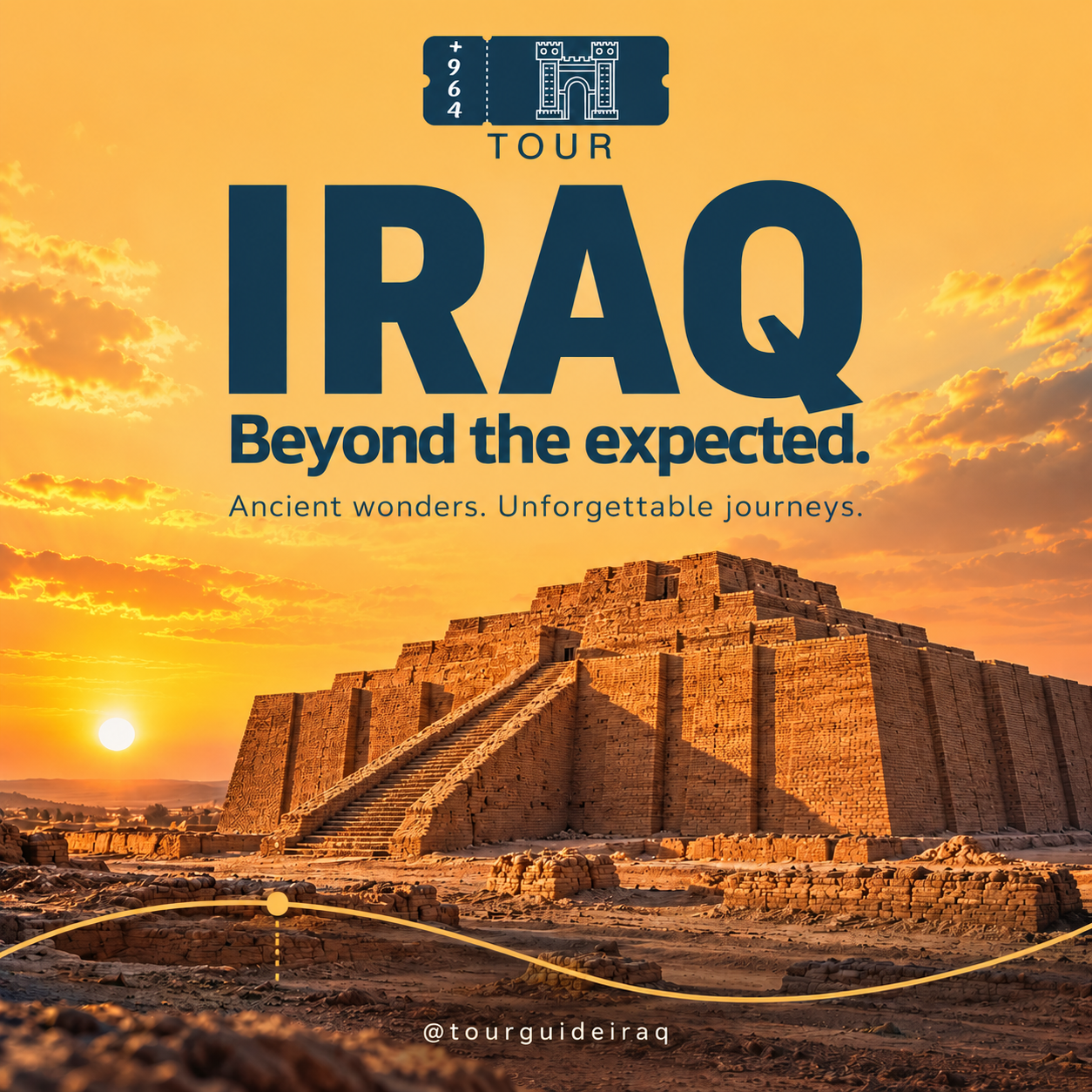 TOUR +964 campaign artwork: golden sunset at the Ziggurat of Ur